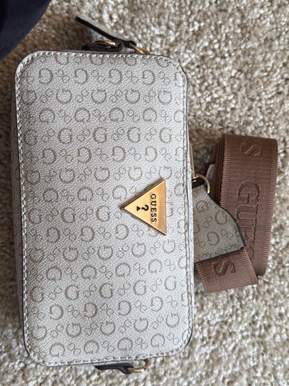 GUESS Beige Monogram Crossbody Phone Pouch with Brown Strap and Gold Logo
